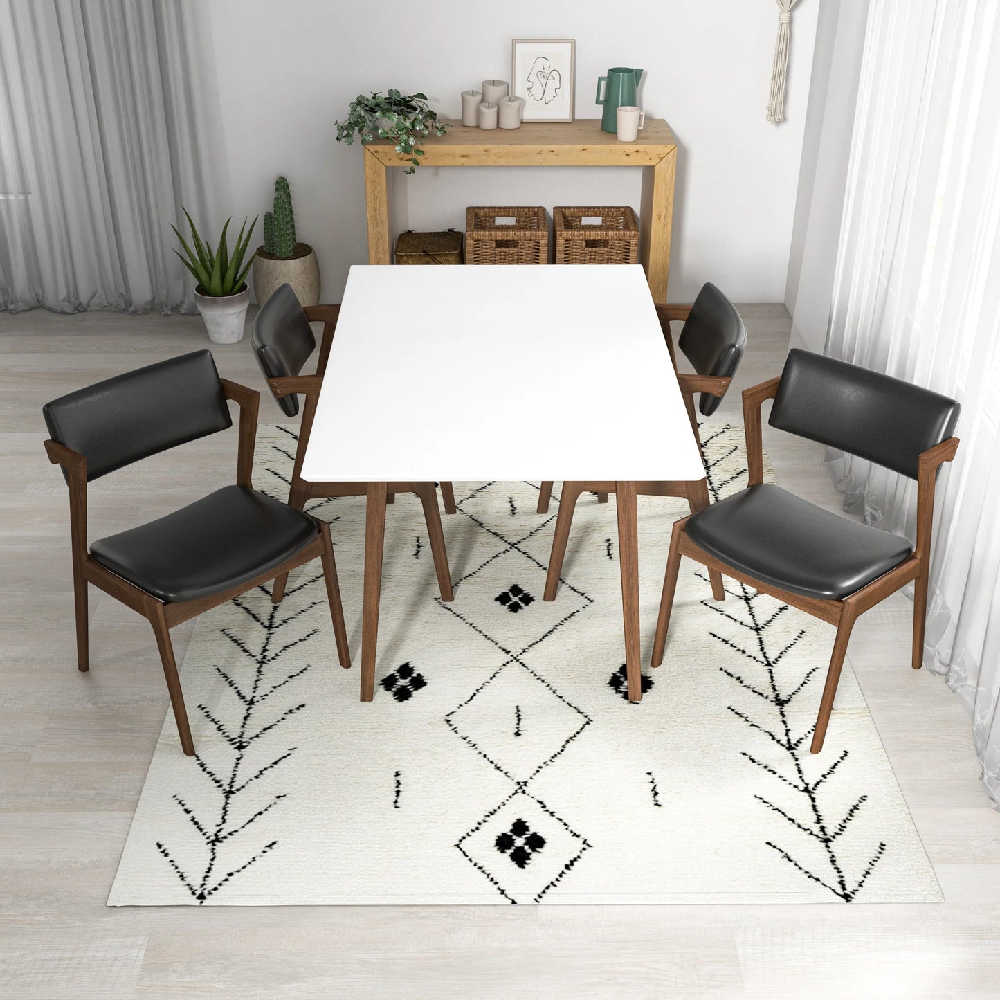 Adira (Small - White) Dining Set with 4 Ricco (Black Leather) Dining Chairs