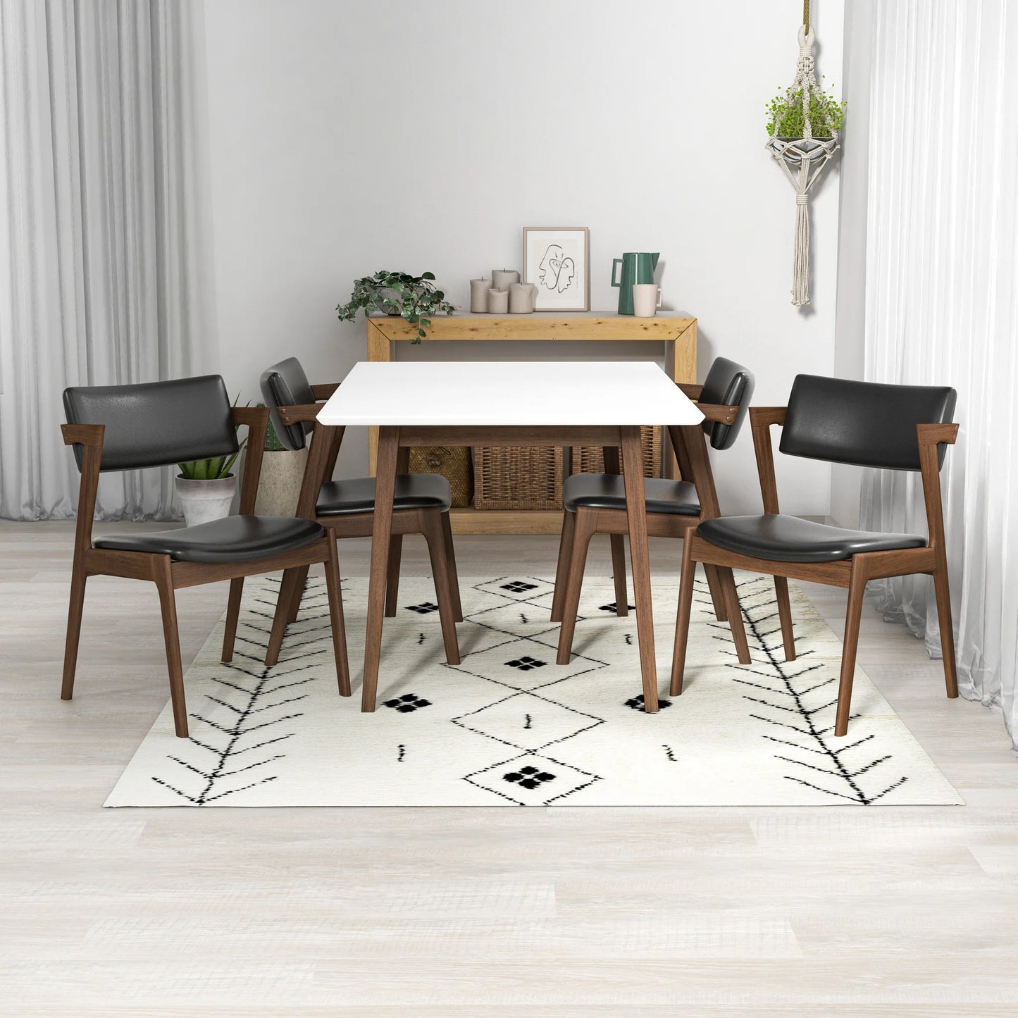 Adira (Small - White) Dining Set with 4 Ricco (Black Leather) Dining Chairs
