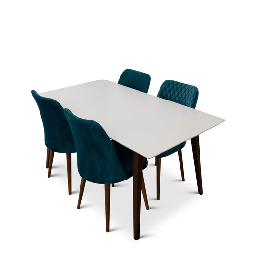 Alpine Large White Dining set with 4 Evette Teal Dining Chairs