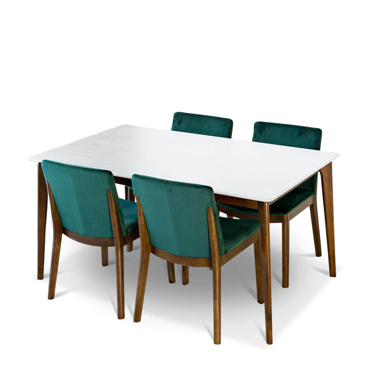 Selena (White) Dining Set with 4 Virginia (Green Velvet) Dining Chairs