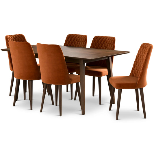 Adira Large Walnut Dining Set with 6 Evette Burnt Orange Velvet Dining Chairs