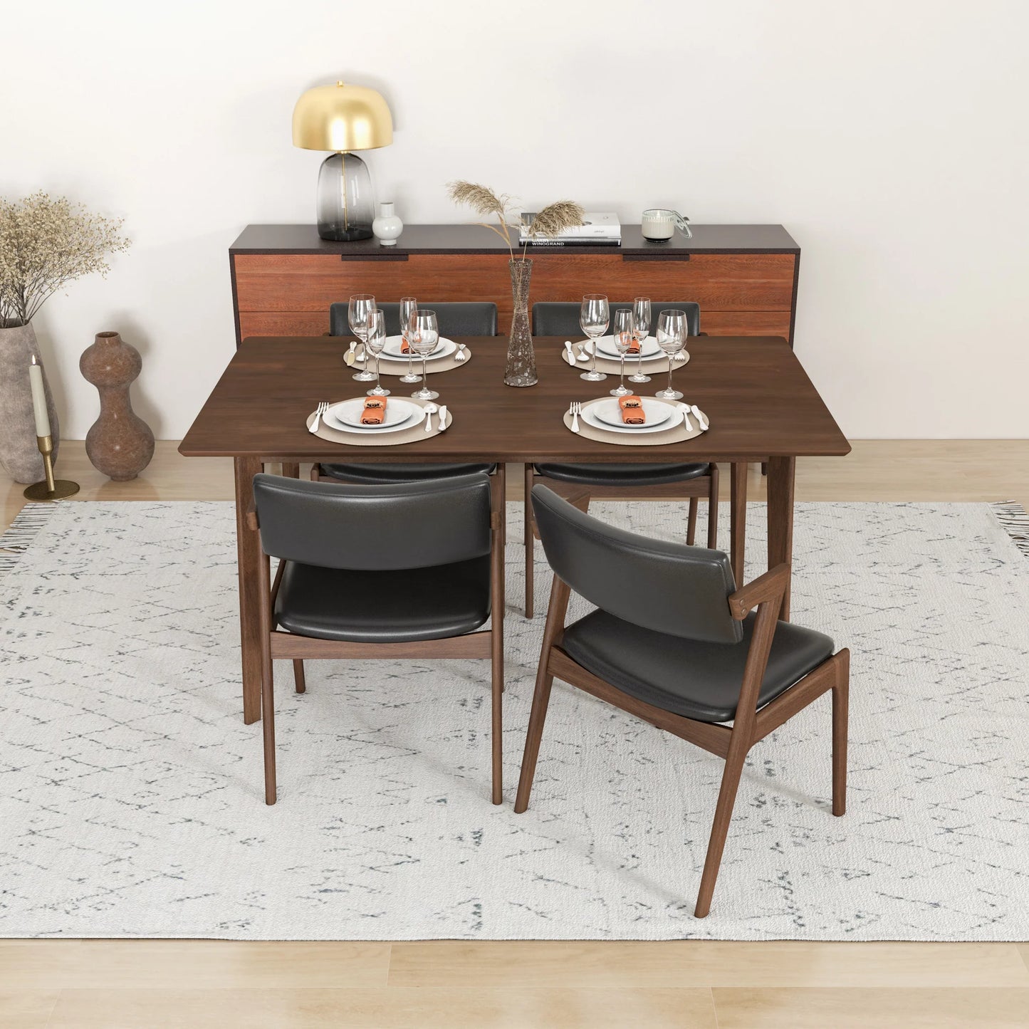 Abbott Large Walnut Dining Set with 4 Ricco Black Leather Chairs