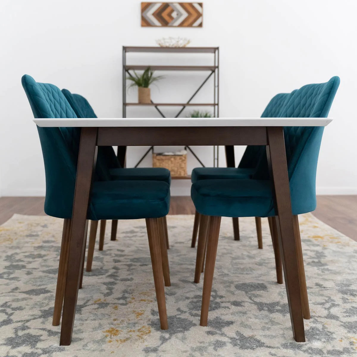 Alpine Large White Dining set with 4 Evette Teal Dining Chairs