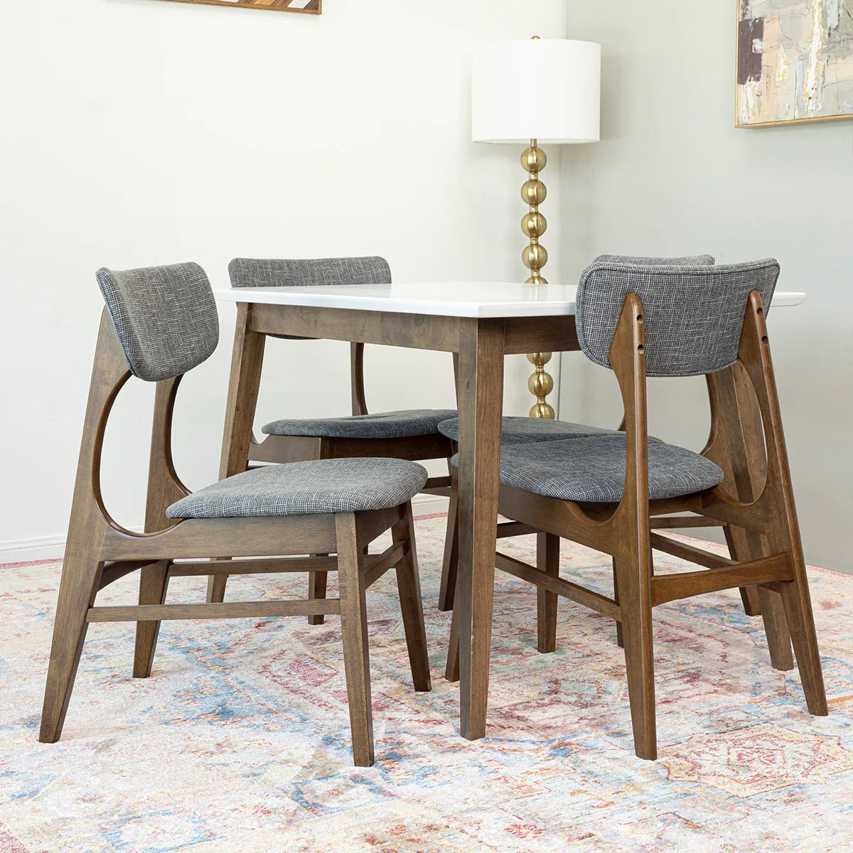 Dining Set , Alpine Small Table (White) with 4 Collins Chairs (Grey)