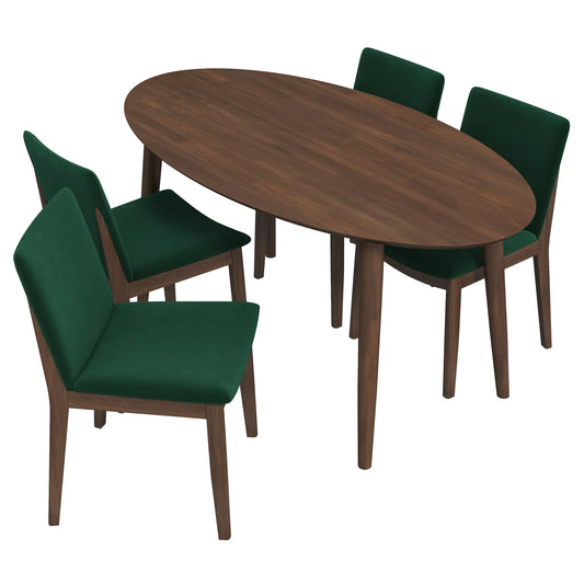 Rixos (Walnut) Dining set with 4 Virginia (Green Velvet) Dining Chairs