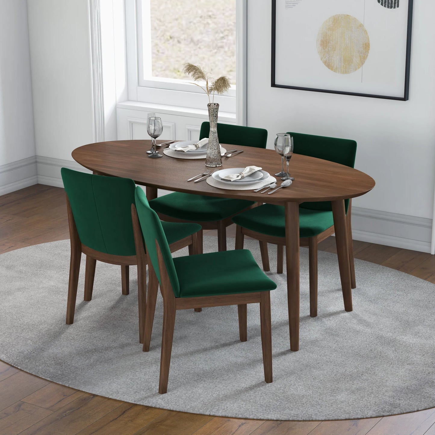 Rixos (Walnut) Dining set with 4 Virginia (Green Velvet) Dining Chairs