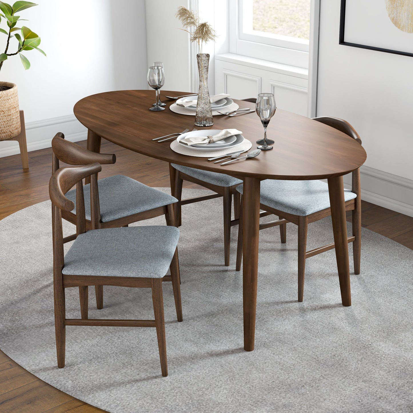 Rixos (Walnut) Oval Dining Set with 4 Winston (Grey) Dining Chairs