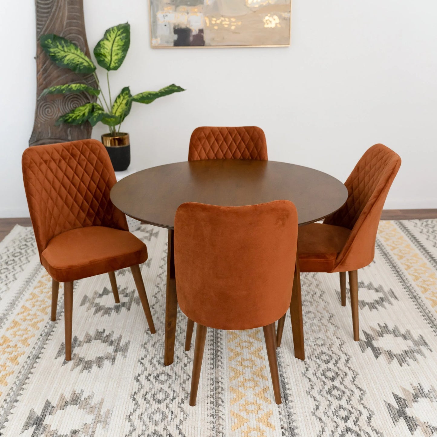Aliana Dining Set with 4 Evette Orange Chairs (Walnut)