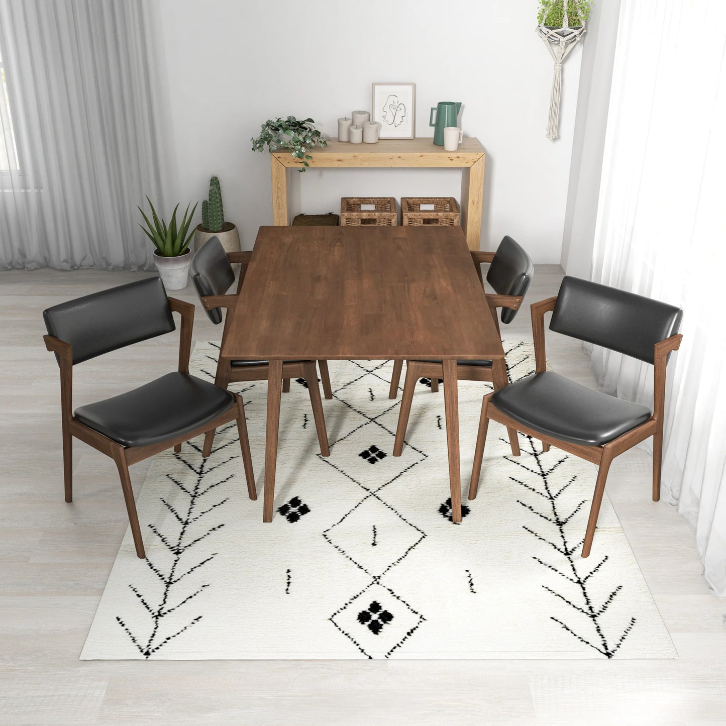 Adira (Small - Walnut) Dining Set with 4 Ricco (Black Leather) Dining Chairs