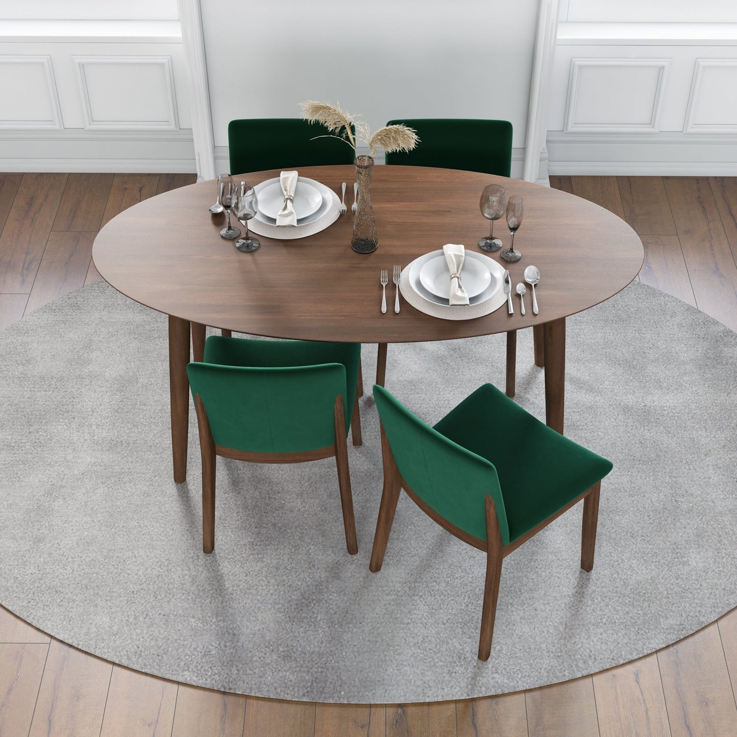 Rixos (Walnut) Dining set with 4 Virginia (Green Velvet) Dining Chairs