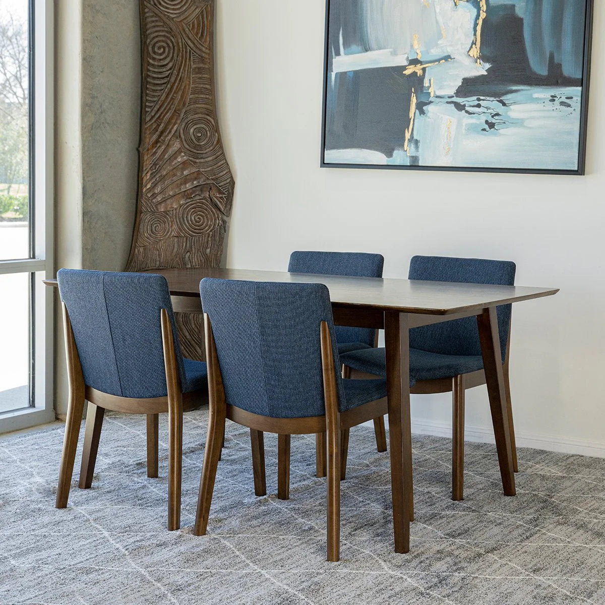 Adira Large Walnut Dining Set with 4 Virginia Blue Dining Chairs