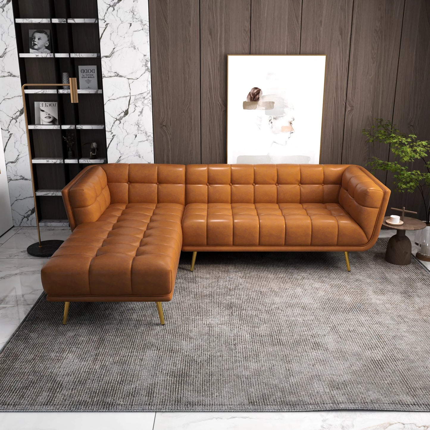 Kano L Shape Cognac Leather Sectional Sofa (Left Facing Chaise)