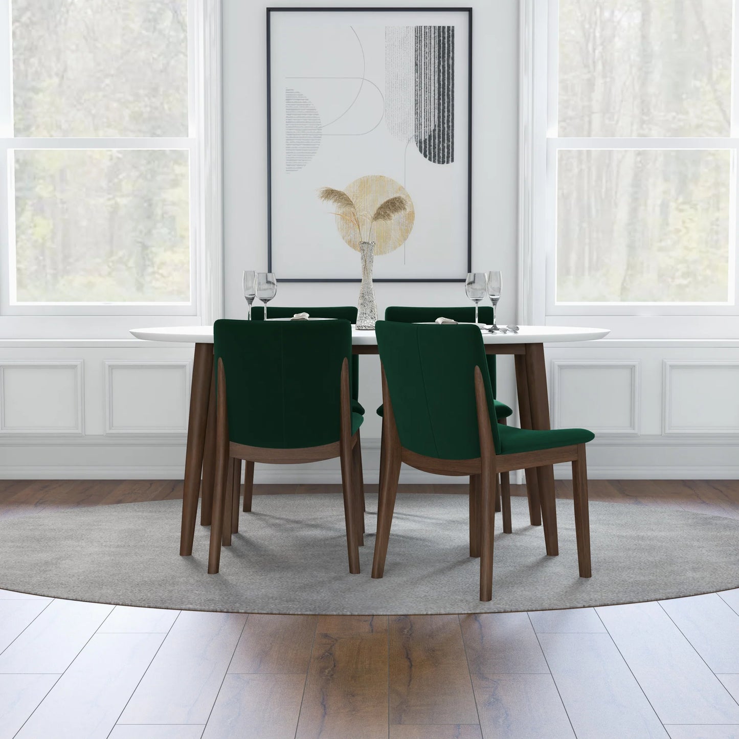 Rixos (White) Dining set with 4 Virginia (Green Velvet) Dining Chairs