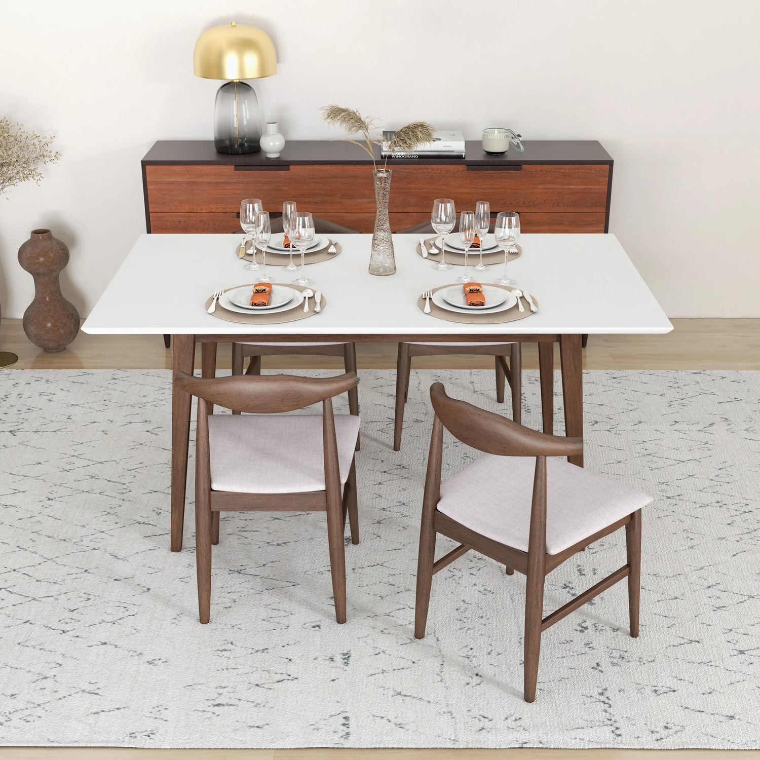 Alpine Large White Dining Set with 4 Winston Beige Dining Chairs Rosen Furniture