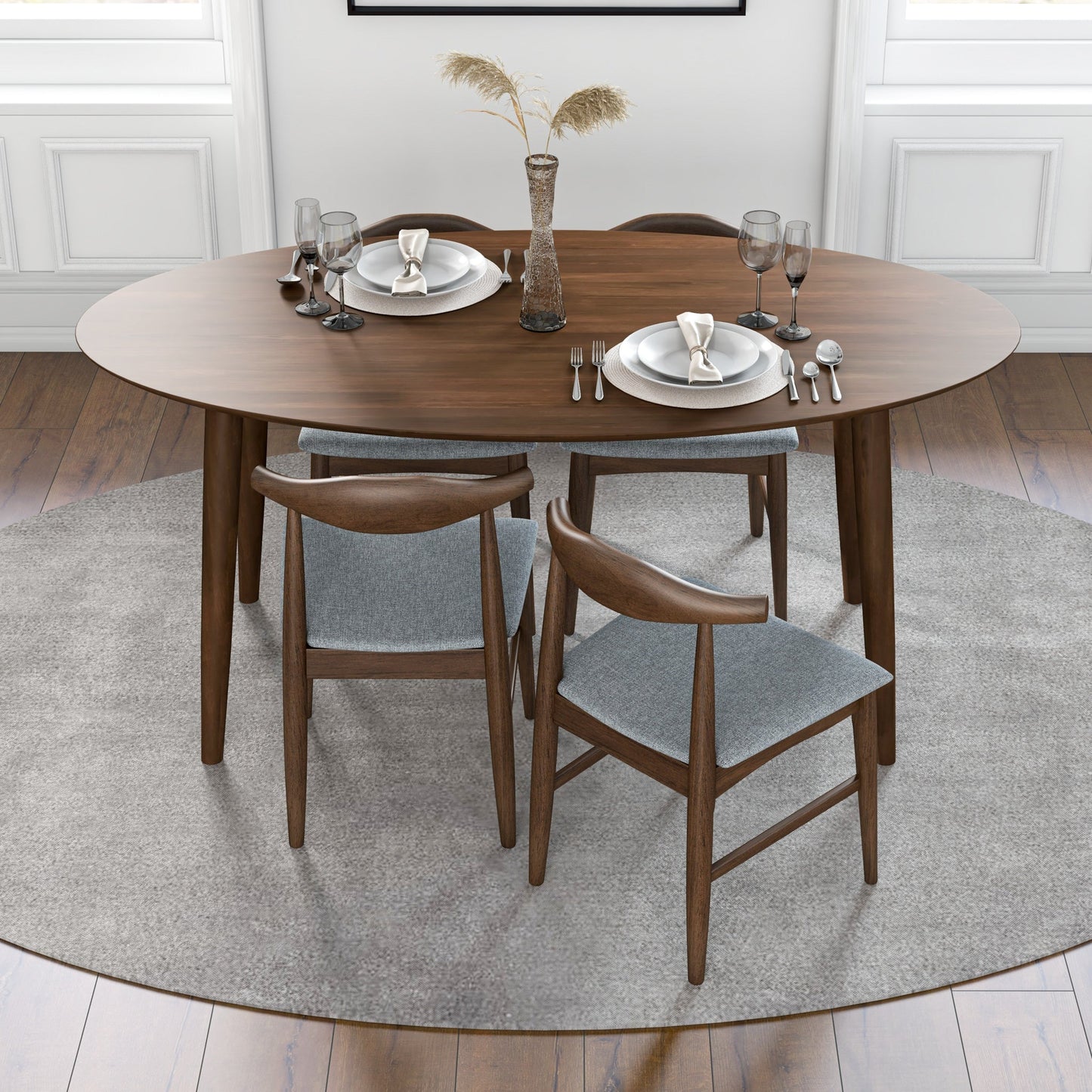 Rixos (Walnut) Oval Dining Set with 4 Winston (Grey) Dining Chairs