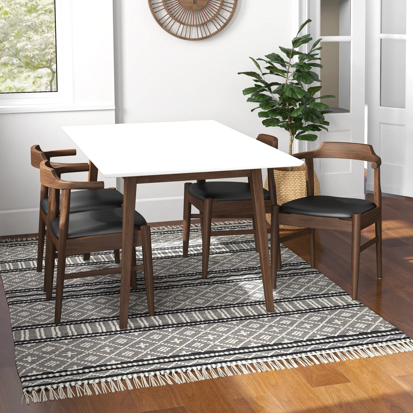 Alpine (Large - White) Dining Set with 4 Sterling (Black Leather) Dining Chairs