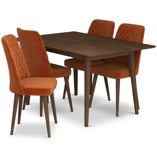 Adira (Small - Walnut) Dining Set with 4 Evette (Burnt Orange Velvet) Dining Chairs