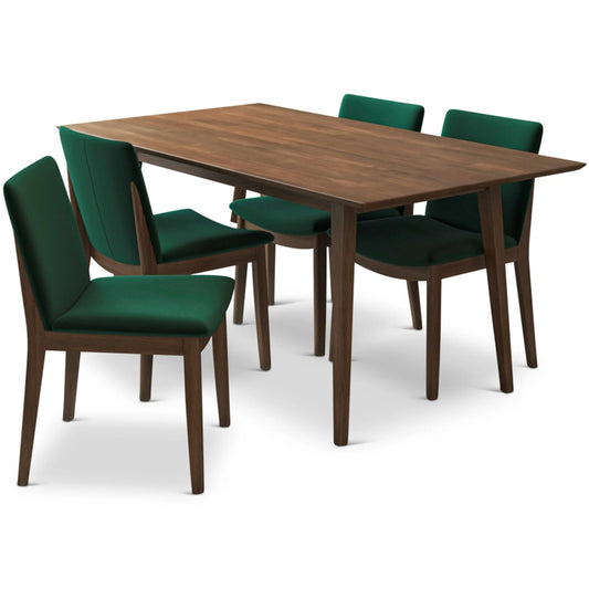 Adira Large Walnut Dining Set with 4 Virginia Green Velvet Dining Chairs