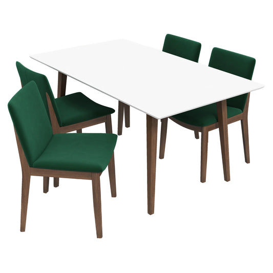 Alpine (Large - White) Dining Set with 4 Virginia (Green Velvet) Dining Chairs