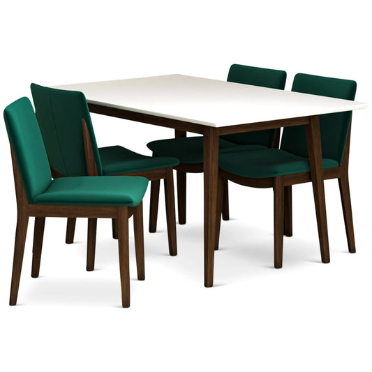 Adira (Small - White) Dining Set with 4 Virginia (Green Velvet) Dining Chairs