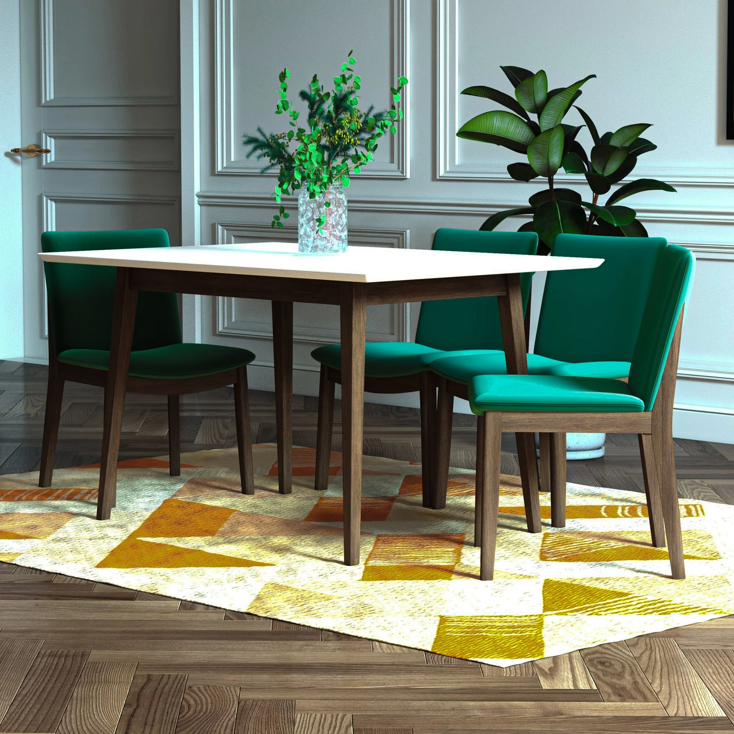 Adira (Small - White) Dining Set with 4 Virginia (Green Velvet) Dining Chairs