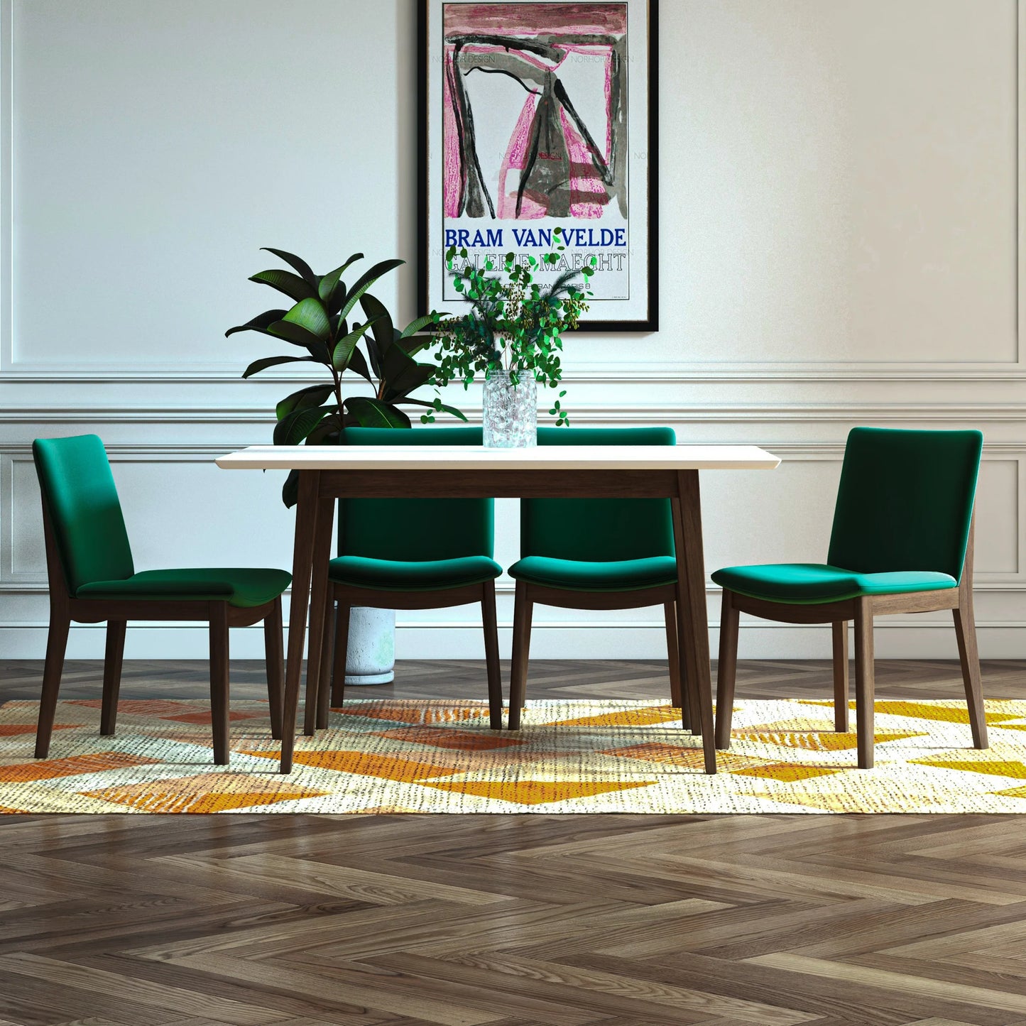 Adira (Small - White) Dining Set with 4 Virginia (Green Velvet) Dining Chairs