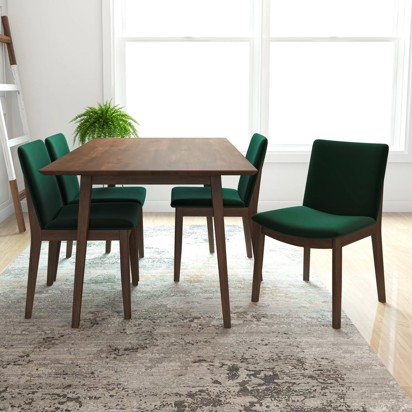 Adira Large Walnut Dining Set with 4 Virginia Green Velvet Dining Chairs