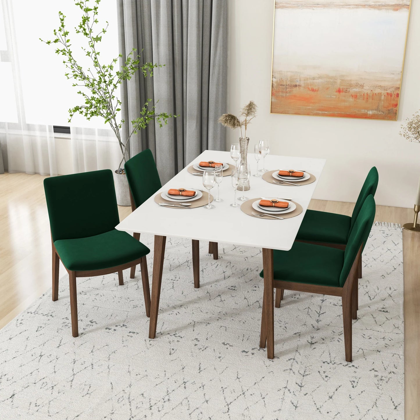 Alpine (Large - White) Dining Set with 4 Virginia (Green Velvet) Dining Chairs