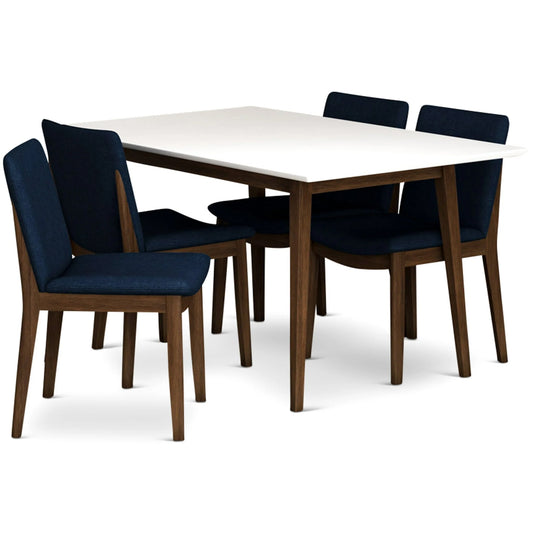 Adira (Small - White) Dining Set with 4 Virginia (Dark Blue) Dining Chairs