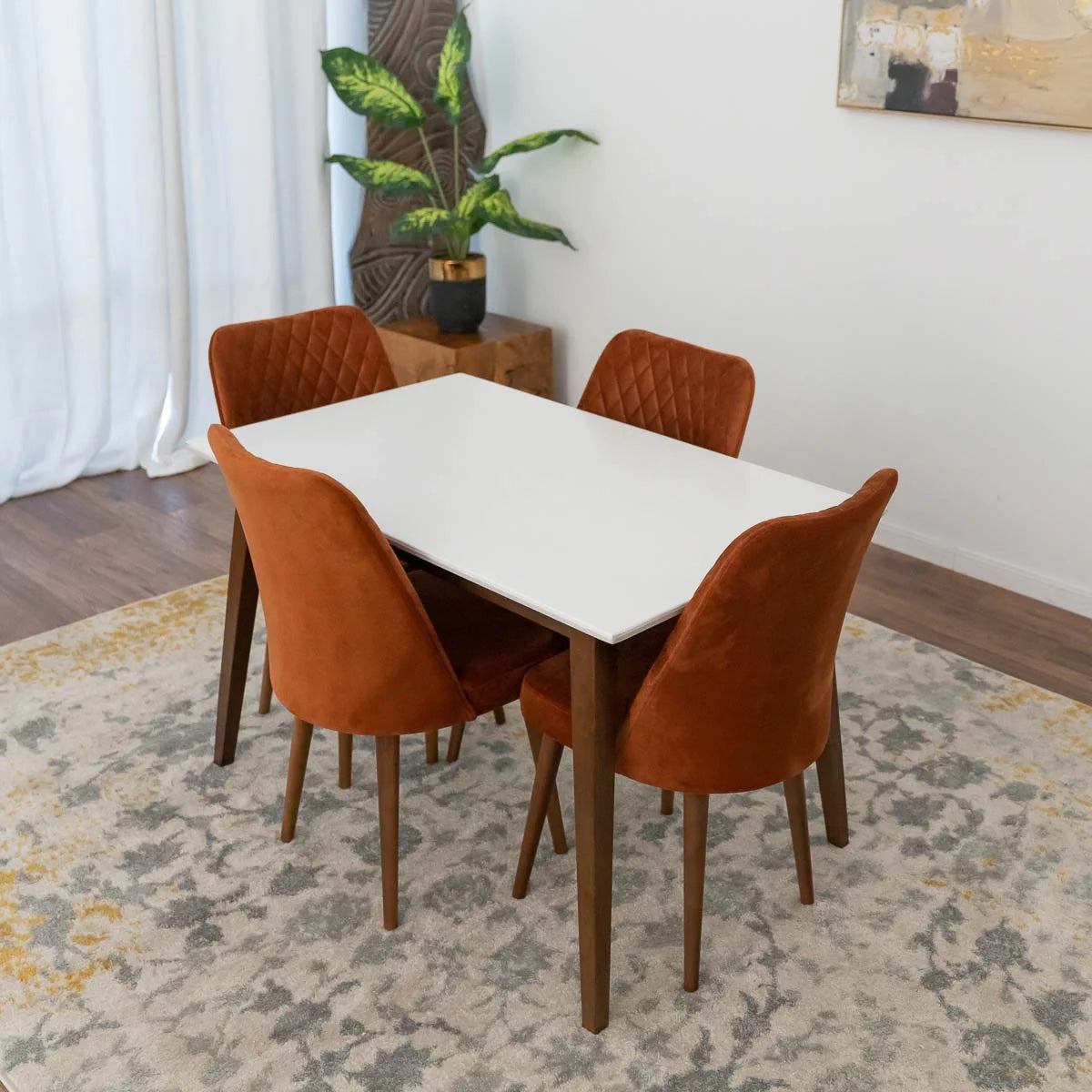 Alpine (Small-White Top) Dining Set with 4 Evette Orange Dining Chairs