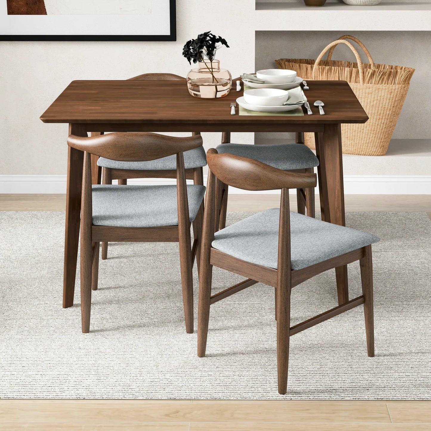 Dining Set, Abbott Small Table (Walnut) with 4 Winston Gray Fabric Chairs