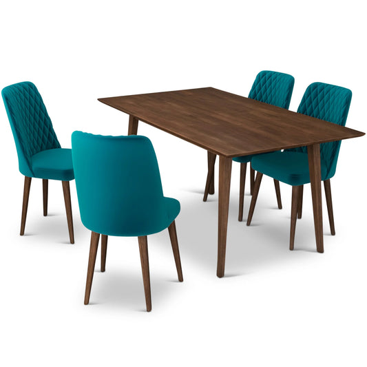 Alpine (Large - Walnut) Dining Set with 4 Evette (Teal Velvet) Dining Chairs