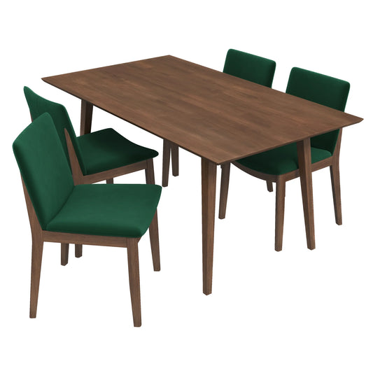 Alpine (Large - Walnut) Dining Set with 4 Virginia (Green Velvet) Dining Chairs