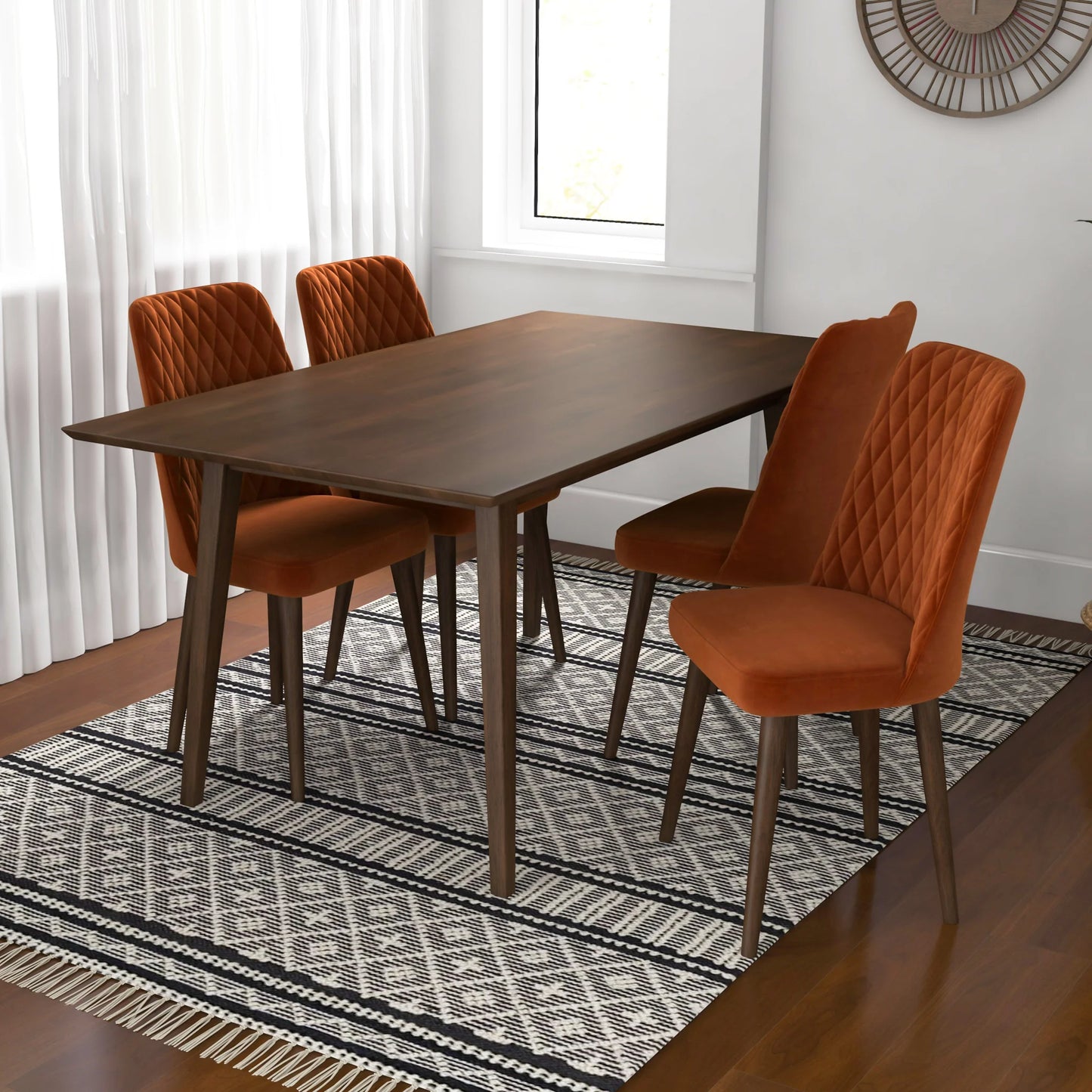 Adira (Large - Walnut) Dining Set with 4 Evette (Burnt Orange Velvet) Dining Chairs