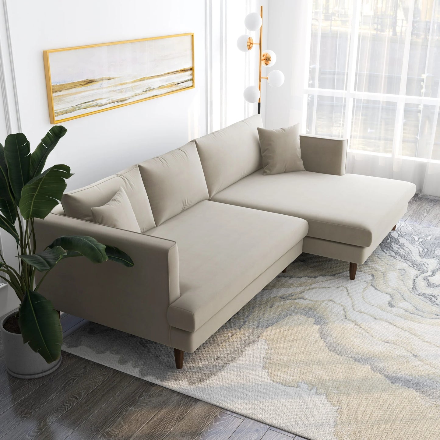 Delano Sectional Sofa (Beige Velvet - Right Facing Chaise)