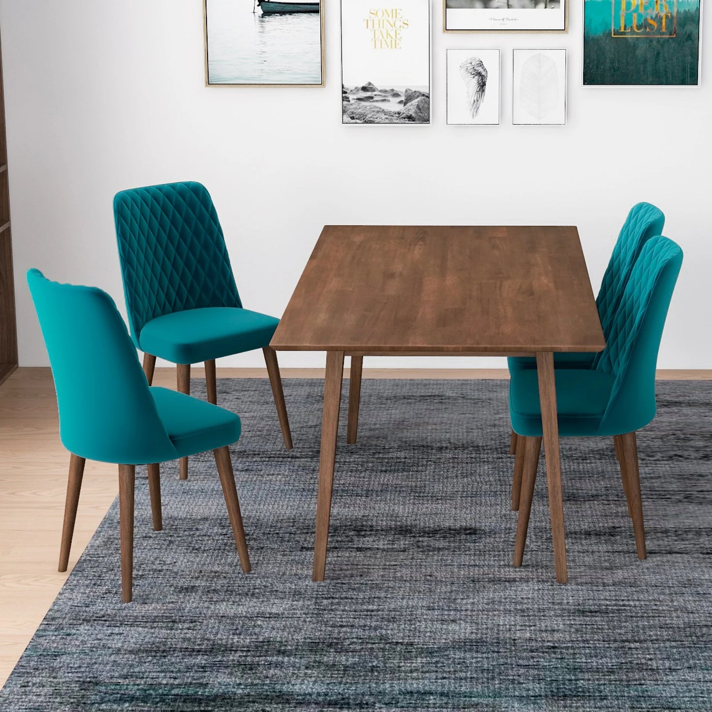 Alpine (Large - Walnut) Dining Set with 4 Evette (Teal Velvet) Dining Chairs