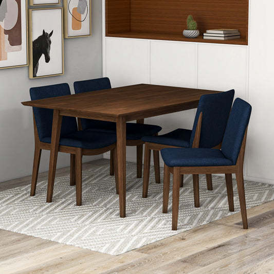 Adira (Small - Walnut) Dining Set with 4 Virginia (Dark Blue) Dining Chairs