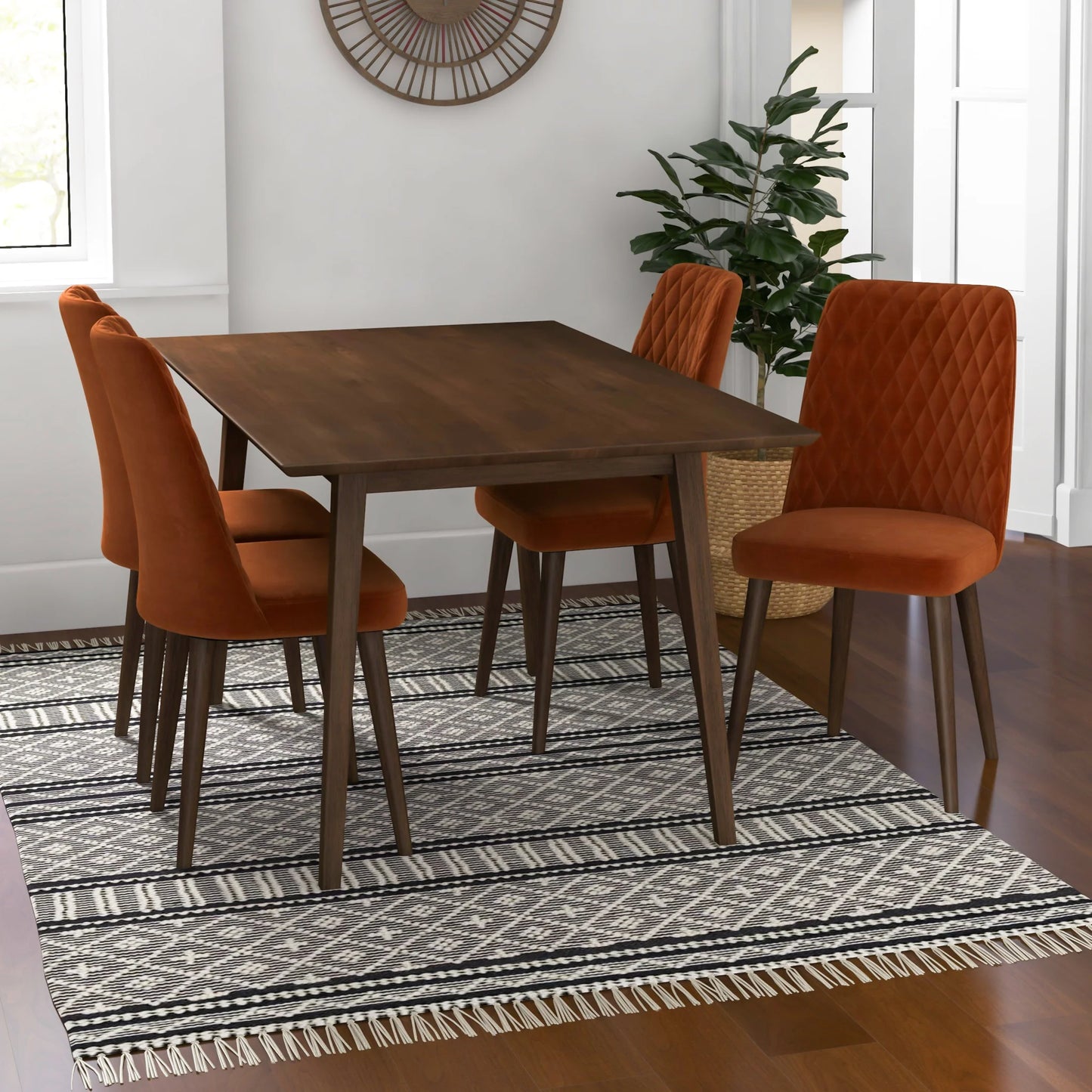 Adira (Large - Walnut) Dining Set with 4 Evette (Burnt Orange Velvet) Dining Chairs