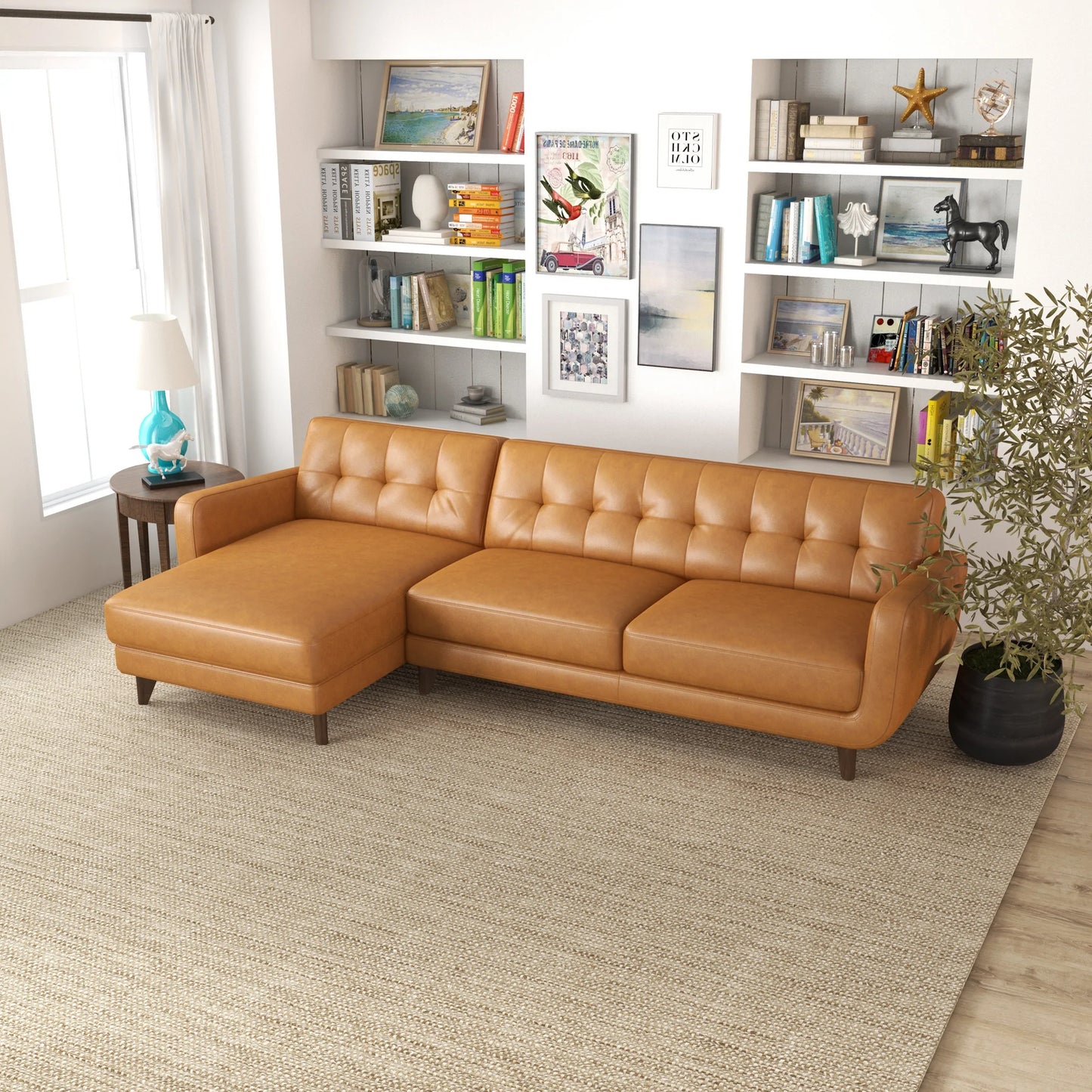 Cassie Tan Leather Sectional Sofa Left Facing Chaise