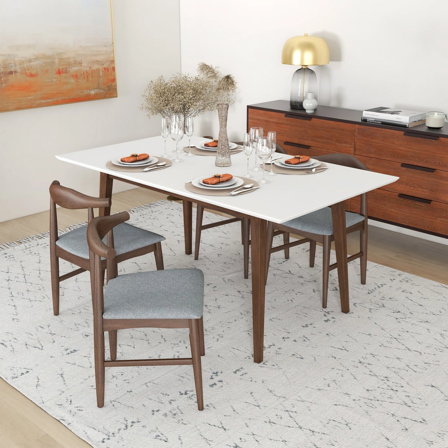Alpine (Large - White) Dining Set with 4 Winston (Gray) Dining Chairs