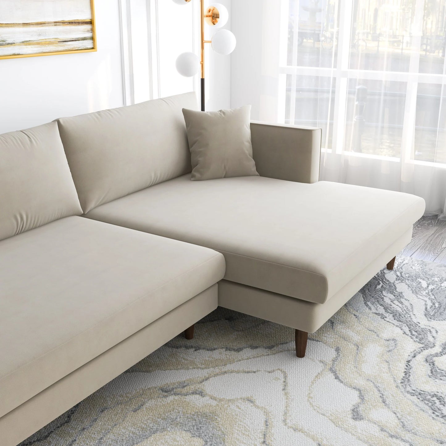 Delano Sectional Sofa (Beige Velvet - Right Facing Chaise)