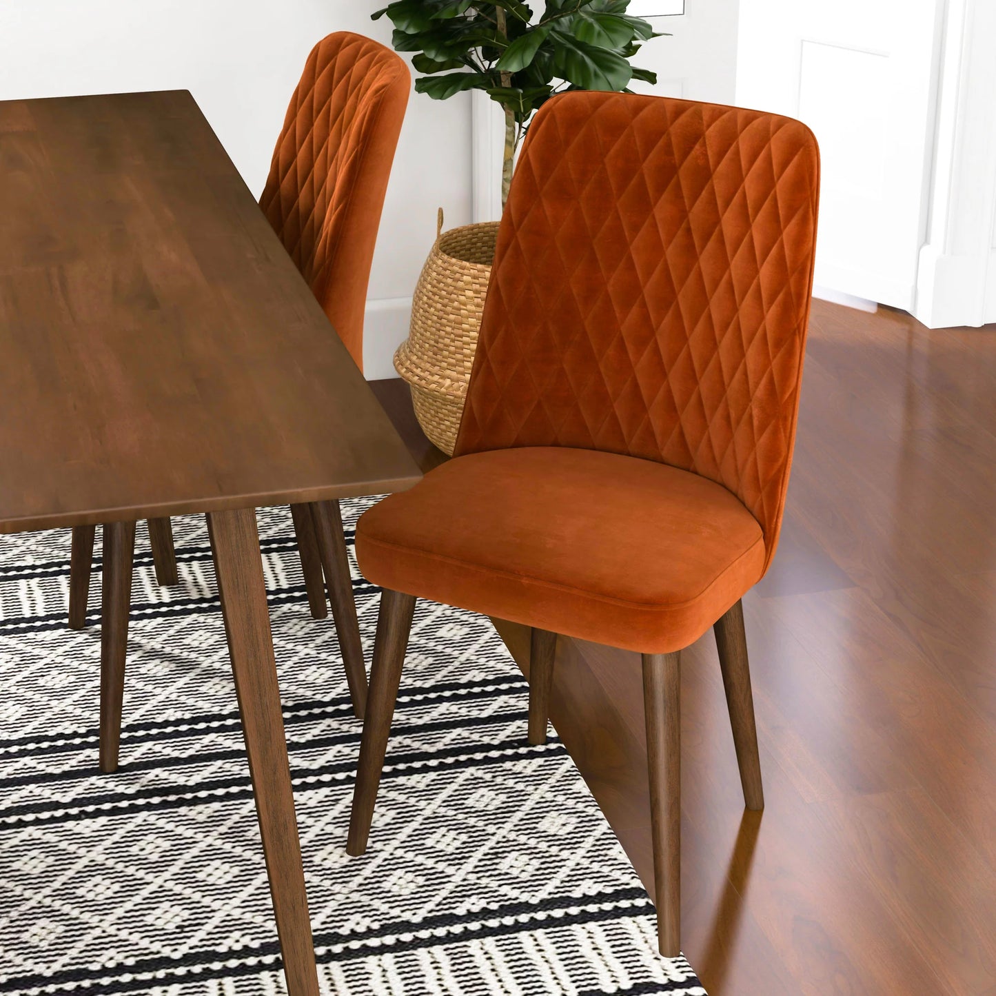 Adira (Large - Walnut) Dining Set with 4 Evette (Burnt Orange Velvet) Dining Chairs