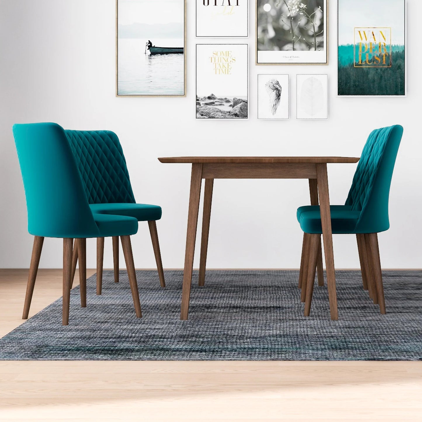 Alpine (Large - Walnut) Dining Set with 4 Evette (Teal Velvet) Dining Chairs