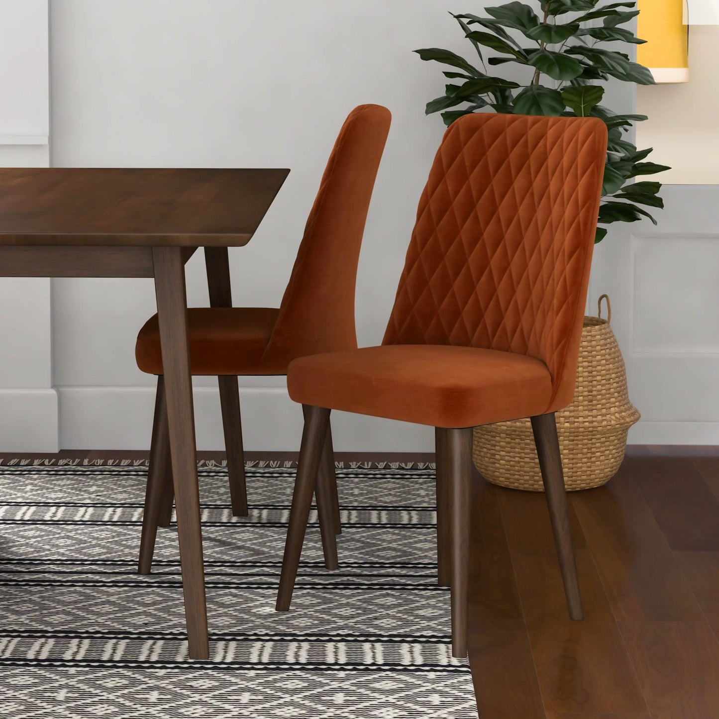 Adira (Large - Walnut) Dining Set with 4 Evette (Burnt Orange Velvet) Dining Chairs