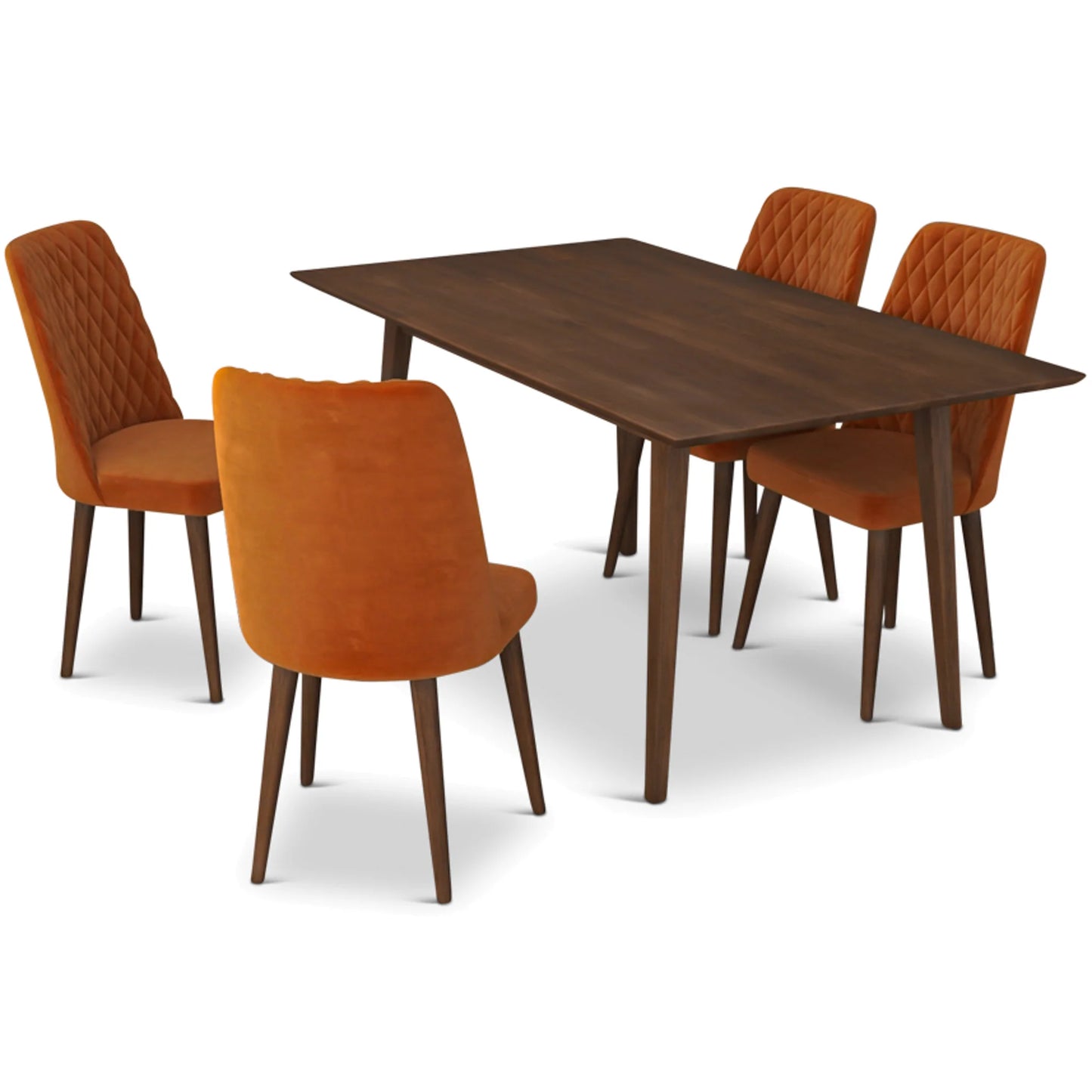 Alpine (Large - Walnut) Dining Set with 4 Evette (Orange Velvet) Dining Chairs