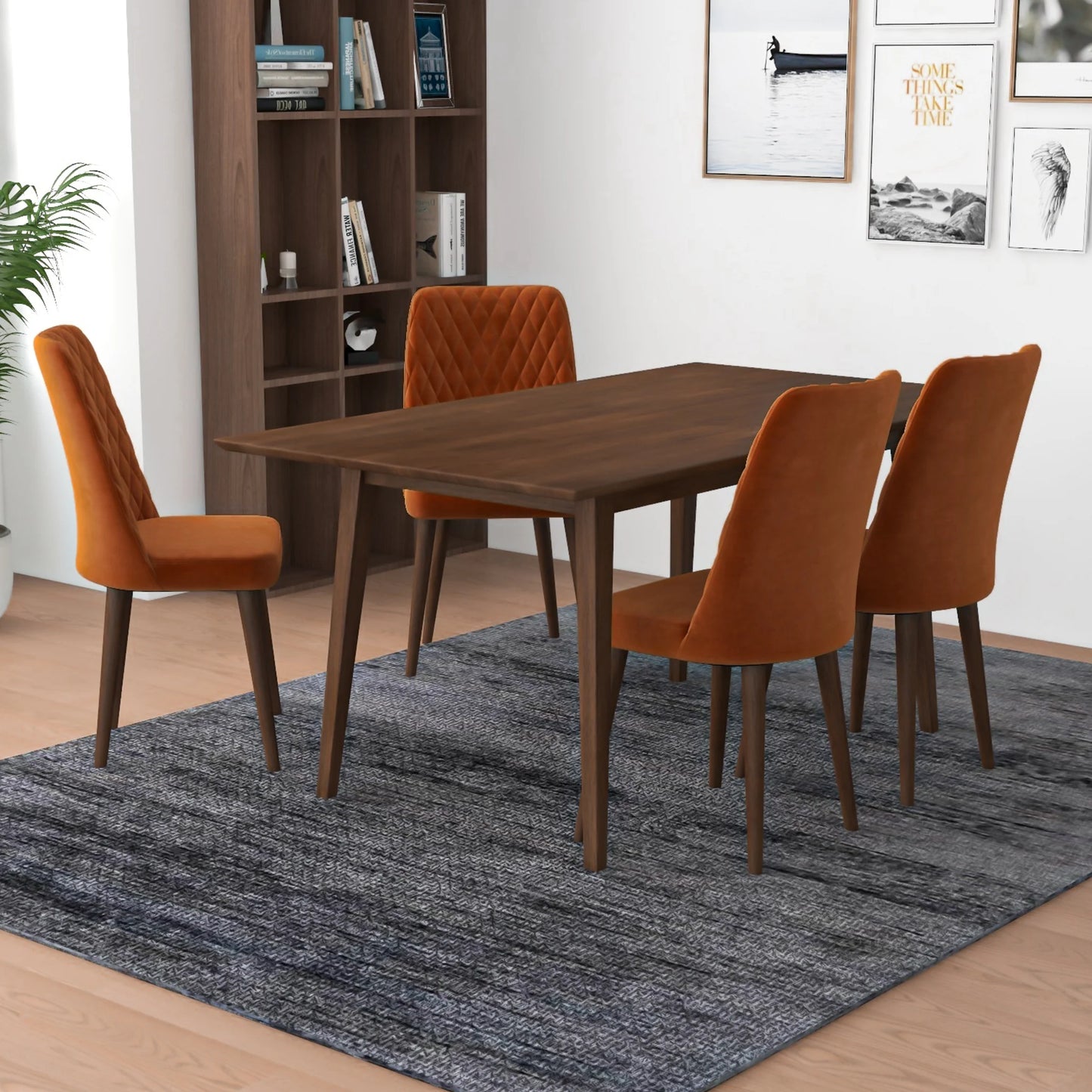 Alpine (Large - Walnut) Dining Set with 4 Evette (Orange Velvet) Dining Chairs