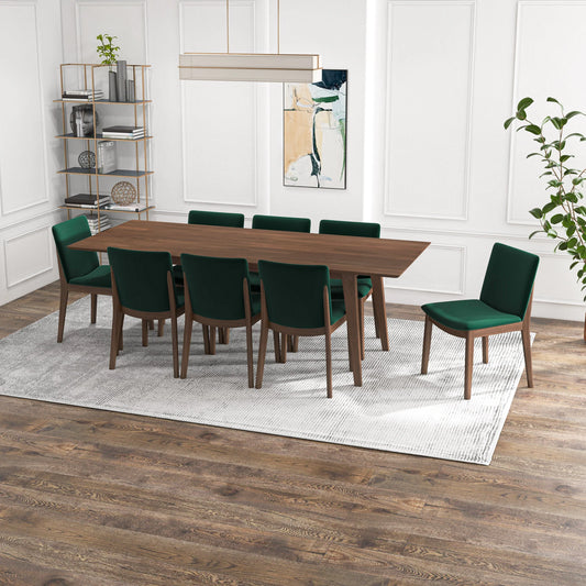 Adira (XLarge - Walnut) Dining Set with 8 Virginia (Green Velvet) Dining Chairs