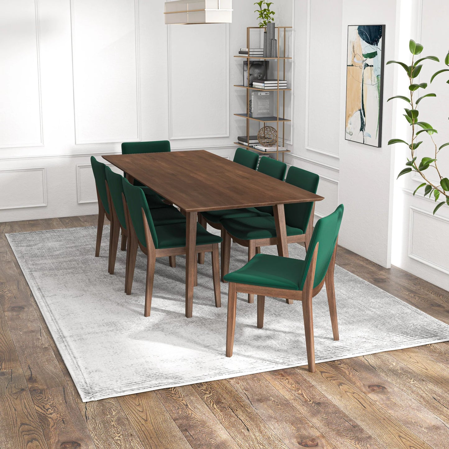 Adira (XLarge - Walnut) Dining Set with 8 Virginia (Green Velvet) Dining Chairs
