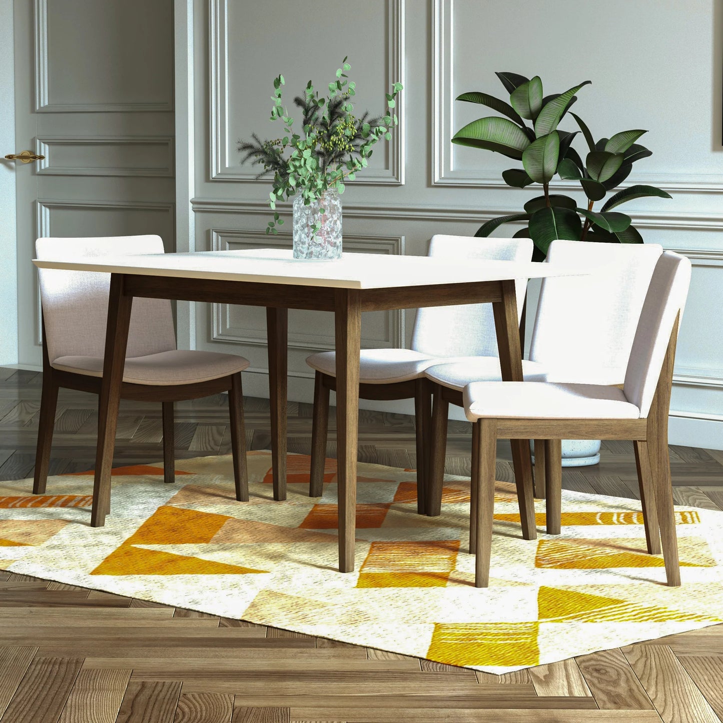 Adira (Small - White) Dining Set with 4 Virginia (Beige) Dining Chairs