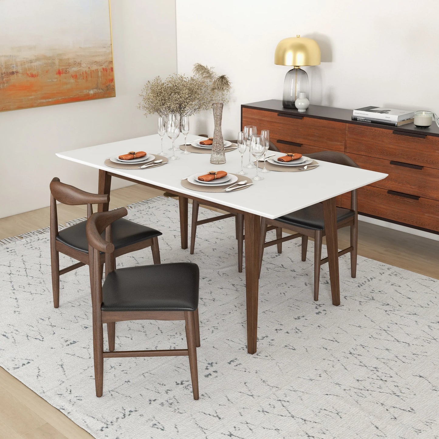 Dining Set Alpine Small White Top Table with 4 Winston Black Leather Chairs